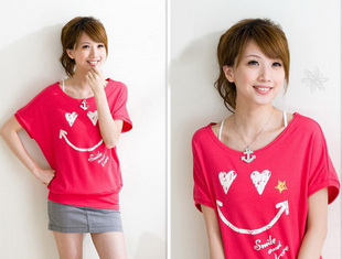 2012 新款韩版夏装女装短袖可爱笑脸蝙蝠袖T恤女蝙蝠衫宽松125#