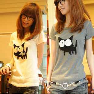 清仓夏装2012新款韩版女装时尚大码半袖小衫可爱猫咪圆领短袖T恤